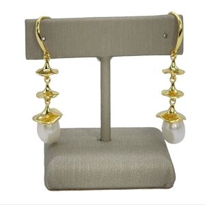 White Cultured Freshwater Pearl Hook Dangle Earrings Gold Plated Over 925S Silve